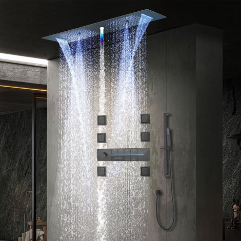 Colonna doccia,Soffione doccia LED 900 x 300 mm 4 funzioni (Pioggia,Spruzzo,Cascata,Colonna d'acqua),Sistema doccia per tutto il corpo,Set doccia a cascata a soffitto,Valvola termostatica a 6 funzioni (1/5)