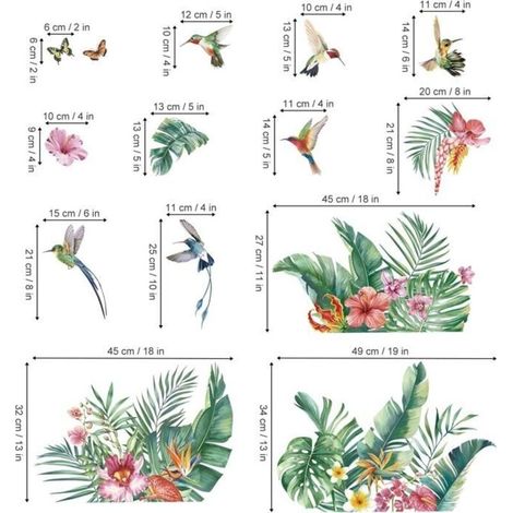Stickers Muraux Feuilles Tropicale Autocollant Mural Plantes Verte Tropicales Fleurs Oiseaux Décoration Murale Chambre Salon Bureau
