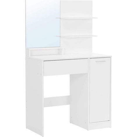 CALICOSY - Coiffeuse blanche avec miroir, 1 tiroir, 2 étagères et armoire de rangement - L80 x H132 cm (1/5)