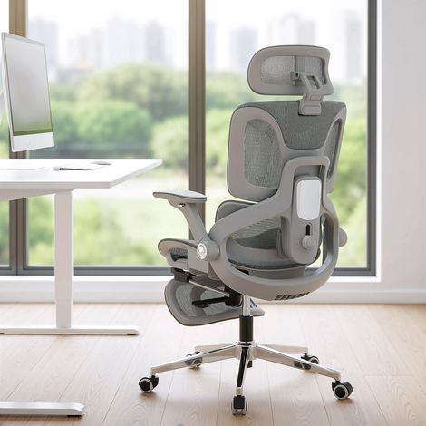 Chaise de travail ergonomique à dossier filet gris, accoudoirs 4D réglables, appui-tête ajustable et siège à profondeur variable, idéale pour bureau. (1/5)