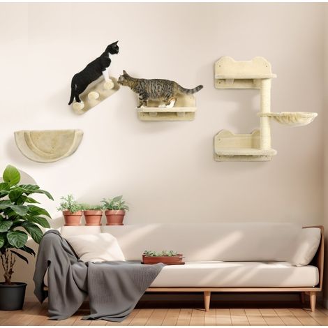 Albero tiragraffi da parete 4 pezzi con piattaforma, scala e cuccia semicircolare beige DESVIAE (1/5)