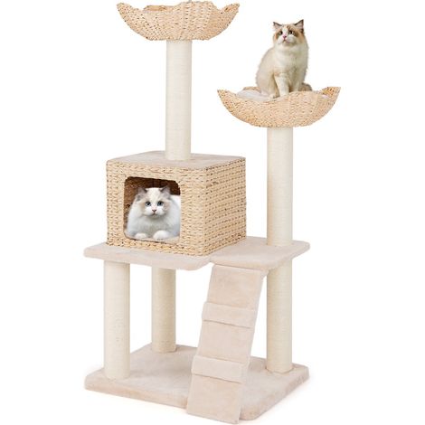 Albero per gatti con posti per graffiare in sisal trespolo condo letto scala cuscini lavabili, Torre cattail da 122cm Beige (1/4)