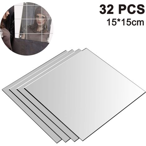 Ensemble de 32 stickers muraux carrés miroir de 0,2 mm et de 15 x 15 cm