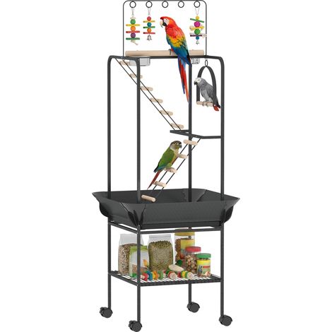 Área de juego para pájaros – Con ruedas – Escaleras, columpio – Protector de semillas – Bandeja, comederos, perchas – 63 x 63 x 163 cm