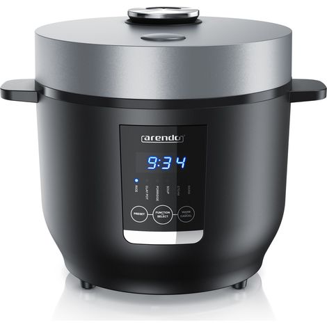 Arendo Reiskocher Digital, 350 Watt, 2L, 5 Kochprogramme, Timer, Warmhaltefunktion, BPA-frei, inkl. Messbecher & Reislöffel, Schwarz/Silber