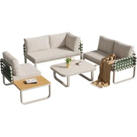 Gartenmöbelset (4 bis 5-Sitzer) – Leder und Rattan – Modernes Outdoor-Sofa-Set mit allen Sitz- und Rückenkissen – Für Balkon, Garten und Terrasse (1/5)