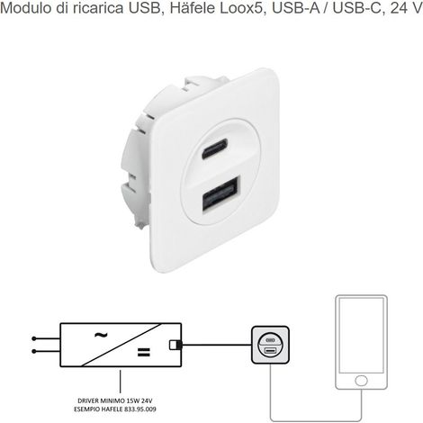 MODULO DI RICARICA 2 USB (1XUSB-A/1XUSB-C)DA INCASSARE O APPLICARE COLORE BIANCO HAFELE 833.73.8091