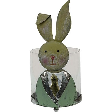 Photophore Lanterne en Métal en Forme de Lapin Bougeoir Vert et Blanc 11 x 10 x 22 cm - PANGIVO (1/4)