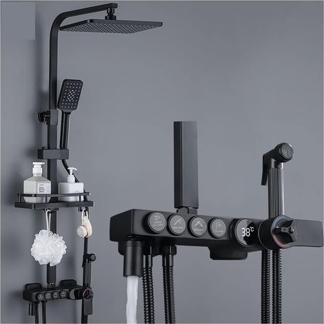 Ensemble de douche mitigeur thermostatique intelligent Affichage thermostatique noir bain et robinet de douche ensemble robinet de baignoire avec étagère de salle de bain débit d'eau produit de l'élec (1/5)
