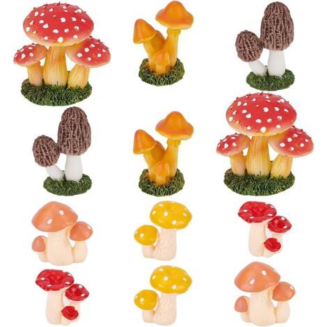 12 Pcs 6 Styles Champignons Figurines, Statue de Champignon en Résine de Couleur Mélangée Accessoires de Jardin Féerique pour la Décoration Extérieure Décoration de la Maison Décoration (1/4)