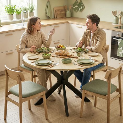 Mesa de comedor plegable para 2 a 6 personas, mesa de cocina redonda con patas de acero cruzadas, madera natural.