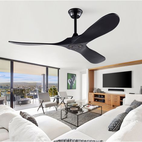 Ventilador de techo de 52 pulgadas negro, 3 aspas de madera, sin luz, mando a distancia, OKWISH (1/5)