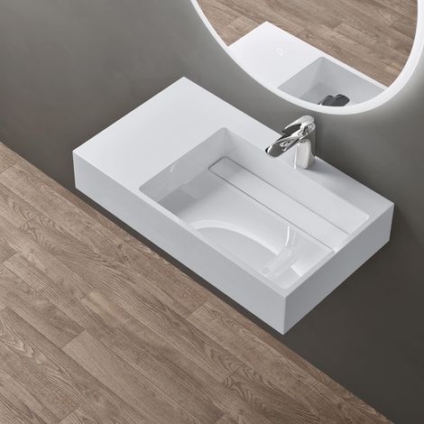 doporro Lavabo Bagno Sospeso Lavabo da Appoggio Rettangolare in Marmo Resina Bianco Lucido, Vasca a Destra 75x43x14 cm con 1 Foro Rubinetto e Piletta Scarico, Colossum12 (1/4)