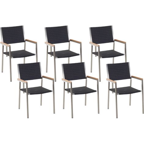Conjunto de 6 sillas de jardín con asiento de ratán sintético negro y patas de acero apilables Grosseto (1/5)