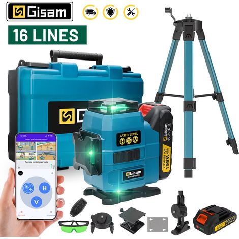 Niveau laser 4D à 16 lignes, laser professionnel vertical et horizontal à 360°, faisceau vert ultra-puissant (1 pile)