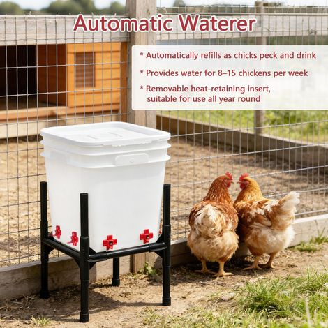Abreuvoir Automatique pour Poules avec Chauffage 12L Seau d'Eau Chauffant pour Volatiles Poulailler Mangeoire avec Pieds et Pipettes (1/5)