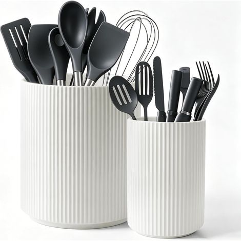 Porte-ustensiles Cuisine Céramique - Lot de 2 - Design Colonne Romaine - Empilable Gain de Place - Pour Spatules et Cuillères - Blanc 17,5cm (1/5)