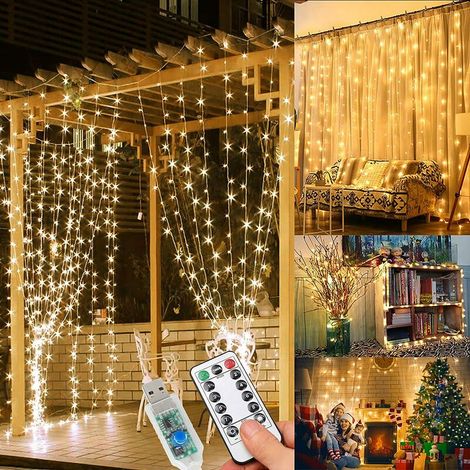 Rideau Lumineux,T-Audace， Guirlande Lumineuse 3M 300 LEDs, 8 Modes d'Eclairage, Alimenté USB, Decoration pour Intérieur et Exterieur, Salle, Fenêtre, Mariage, Anniversaire, Fête, Noël [Classe énergéti (1/5)
