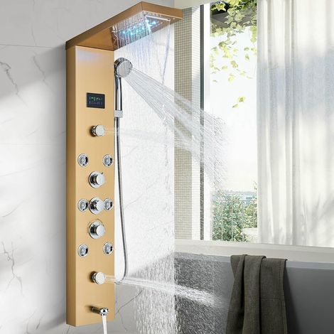 Colonne de Douche Hydromassante Panneau de Douche Acier Inox Multifonction avec Écran LED, 5 modes d'eau, ensemble de panneaux de douche dorés avec pommeau de douche et bouche pour baignoire (1/5)