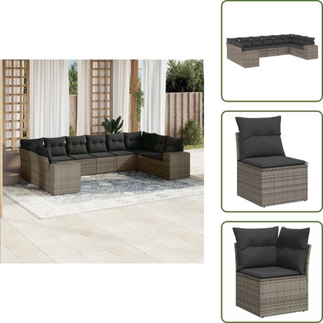 Ratán sintético - vidaXL Set de sofás de jardín 10 pzas con cojines ratán sintético gris - Sofás de jardín con cojines