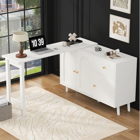 Table de bureau pivotante en panneaux de particules blancs 120 x 40 x 74,5 cm, 2 en 1 avec rangement (1/5)