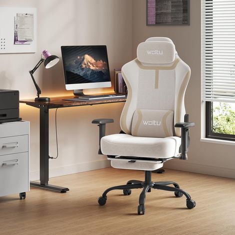 WOLTU Chaise Gaming en Maille, Chaise de Bureau Ergonomique, avec Dossier, Appui-tête et Coussin Lombaire , Repose-Pieds , Blanc crème (1/5)