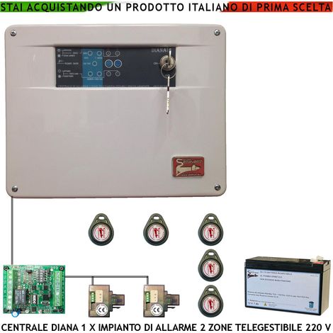 Centrale Antifurto Diana 2 Zone 5 Chiavi TAG 2 Lettori e 2 Meccaniche Batteria 12 V 7 Ah Per Impianto Via Filo. Gestisce Sensori Allarme Ingresso Per Telegestione Comando Sirene Combinatore e Fumogeni (1/4)