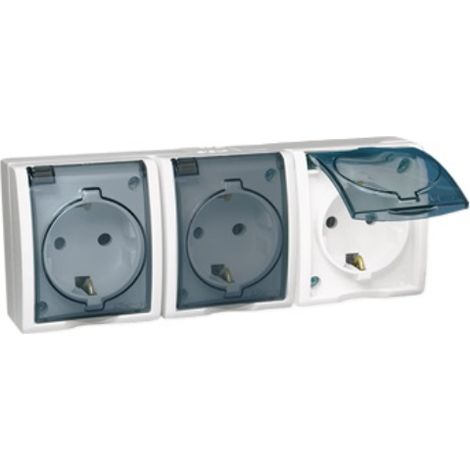 Enchufe triple Simon Aquarius con o sin Schuko, resistente a salpicaduras IP54, tapa transparente, blanco AQGSZ1-3/11A