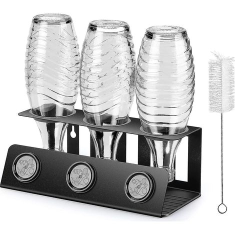 Porte-bouteilles triple avec bac égouttoir amovible et support pour couvercle, compatible avec les bouteilles Sodastream Crystal et Emil (1/4)
