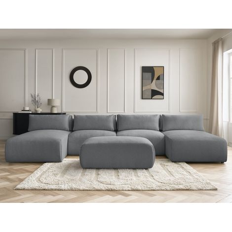 BOBOCHIC - Canapé panoramique fixe modulable avec têtières JANA tissu chiné avec 2 méridiennes, 2 chauffeuses et 1 petit pouf   Gris foncé