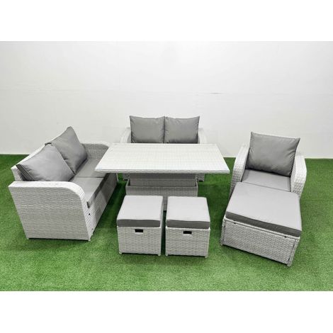 Fimous High Back Poly Rattan Garden Furniture Set with Reclining Chair Loveseat Sofa Adjustable Lifting Dining or Coffee Table Indoor Outdoor Patio Set 3 Stools Light Grey (1/5)