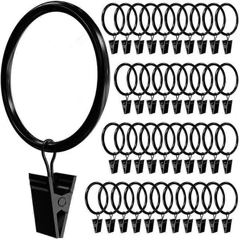 Lot de 40 anneaux de rideaux avec pinces et crochets, diamètre 3,8 cm (1,5 pouce), compatibles avec les tringles jusqu'à 3 cm (1,2 pouce), noirs. (1/5)