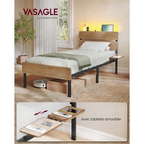 Cadre de Lit Simple, 90 x 190 cm, Cadre en Métal, Éclairage LED, Port USB et TYPE-C, Marron (1/5)