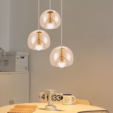 3 Lumières Verre Lustre Suspension Industrielle Moderne Luminaire Lampe de Plafond E27 Abat-jour pour Salon Chambre Cuisine Transparent Doré (1/5)