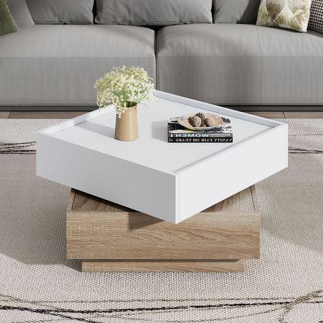 Table basse 60x60 cm, plateau rotatif 360° noyer, rangement intégré 2 tiroirs, structure blanche, plateau sécurisé (1/5)