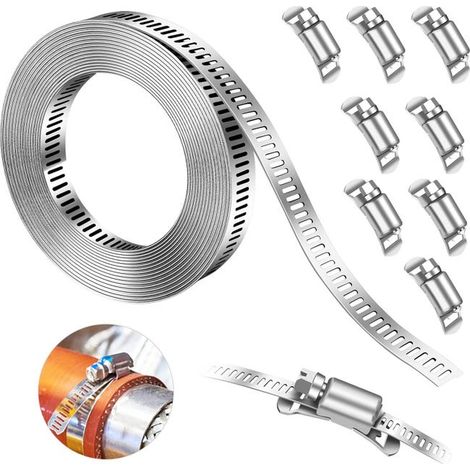 Collier de serrage en acier inoxydable de 3 m avec 8 fixations, kit de serrage réglable, pour tuyaux, gaz, eau, voiture, machine à laver, jardin. (1/5)
