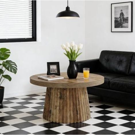 Tavolino da caffè 89x86x12 cm, base a colonna scanalata, design elegante, MDF, marrone (1/5)