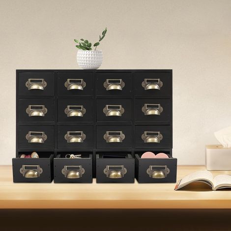 Holz Schubladenbox 4 X 4 Stufige SchubladenOrganizer Vintage Apothekerschrank mit 16 Schubladen Schlafzimmer-Organisation Massivholz Aufbewahrung für Gewürze, Medikamente Schwarz
