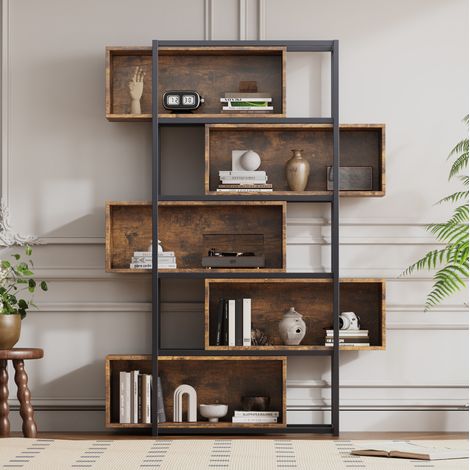 Librería 121x35x176 cm de MDF marrón y negro con estantes para salón - MEUBLIV (1/5)
