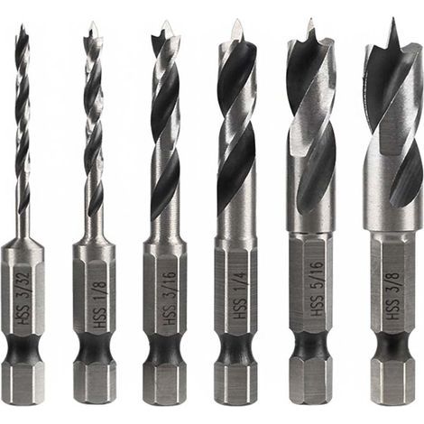 6Pcs Meche Bois à Tige Hex, Jeu de Tige 1/4" Forets HSS Hélicoïdaux pour Bois Métal Plastique et Bosch 6.35MM Hex Tige Rotatives Outil (1/5)