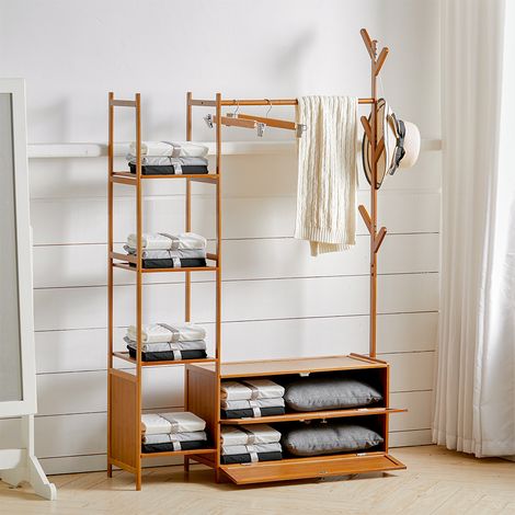 Freestanding Bamboo Clothes Rack with Storage Shelves,138CM (1/5)