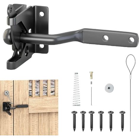 Pestillo de puerta, cerrojo negro de cierre automático, seguridad para porche, granja, jardín, granero, casa de campo, mascotas, madera, piscina, patio (1/5)