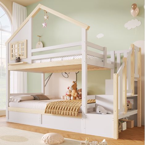 Letto a castello 90x200 cm bianco e naturale in pino con contenitore idraulico (1/5)