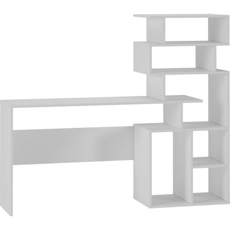 Dmora Scrivania con libreria alta moderna, Consolle con scaffali portaoggetti, Tavolo da studio per cameretta, cm 160x40xh135, colore Bianco, con imballo rinforzato (1/4)