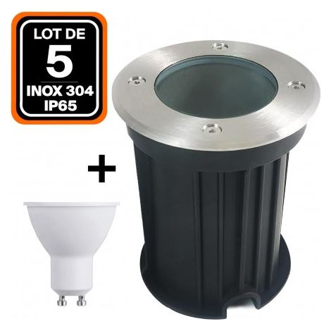 Lot 5 spots encastrables de sol EUROPALAMP Inox 304 IP65 GU10 7W blanc chaud 2700K (1/4)