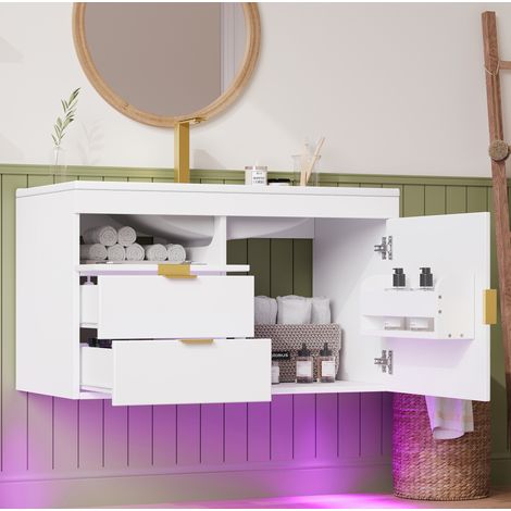 Mueble de baño mural con lavabo 76 cm LED App, MDF blanco, cierre suave HAVRYA (1/5)