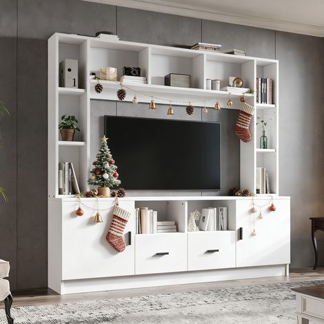 Meuble TV mural 180 x 35 x 170 cm avec 2 armoires, 2 tiroirs et 11 compartiments, blanc HAVRYA (1/5)