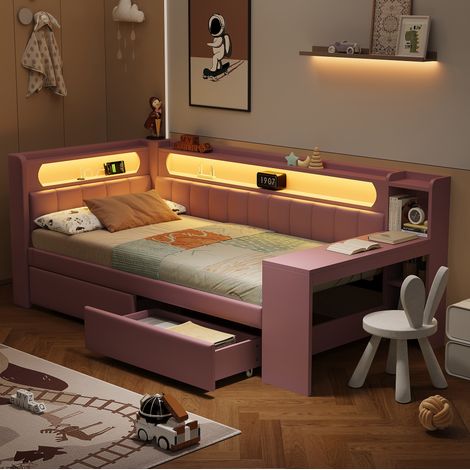 Letto bambini 90x200 cm con 2 cassetti, porte USB, LED, scrivania e ripiano portaoggetti, rosa, materasso non incluso (1/5)