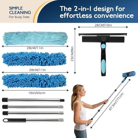 Telescopic Window Cleaner 180 cm, 2 in 1 Window Squeegee with Extendable Handle, Window Cleaning Kit for High Windows, Shower, Glass, Mirror, Car (1/4)