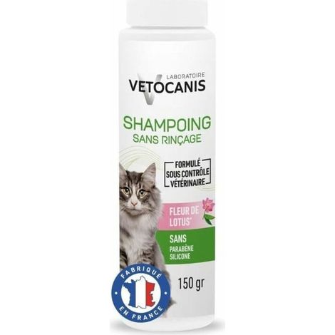 Vetocanis  Shampoo per gatti  Shampoo secco in polvere  Assorbe l'eccesso di sebo e sporche A base di talco  toelettatura del gatto  Formulato sotto controllo veterinario  Made in France  150g (1/5)